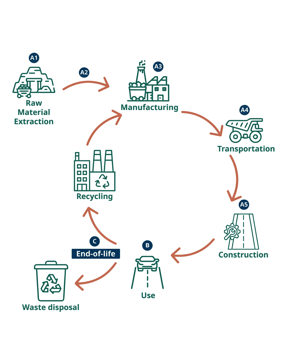 LCA lifecycle diagram — 9 stages from raw material extraction to end of life